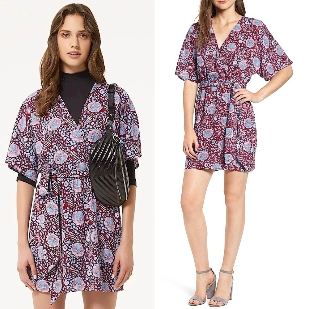REBECCA MINKOFF 70s Floral Kimono‎ Short Sleeve V-Neck Wrap Tie Waist Dress L